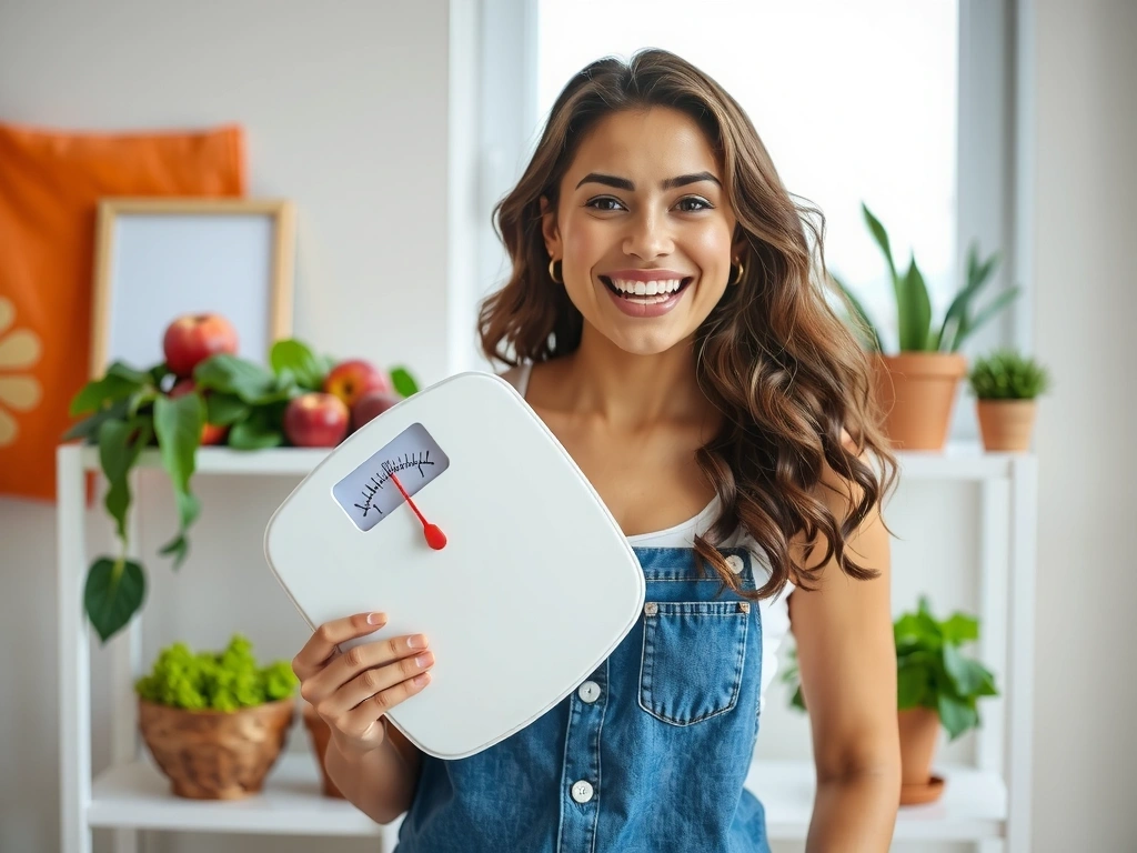 Frau hält eine Waage und lächelt