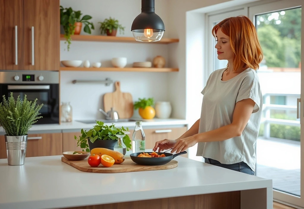 Eine Person bereitet eine Mahlzeit in einer modernen Küche zu, mit vielen frischen Zutaten und einem sauberen Arbeitsbereich.