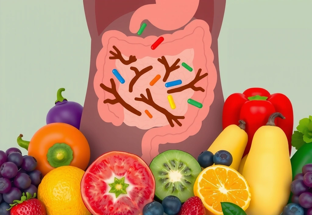Illustration eines gesunden Darms mit probiotischen Bakterien, umgeben von Obst und Gemüse.
